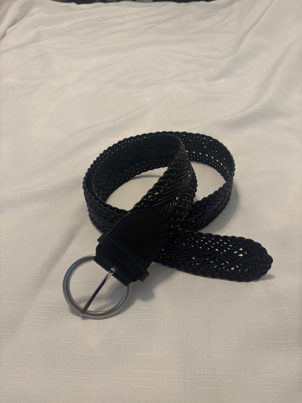 Braided Mixed Leather Belt SZ L Black w/Silver Buckle woven boho casual NWT